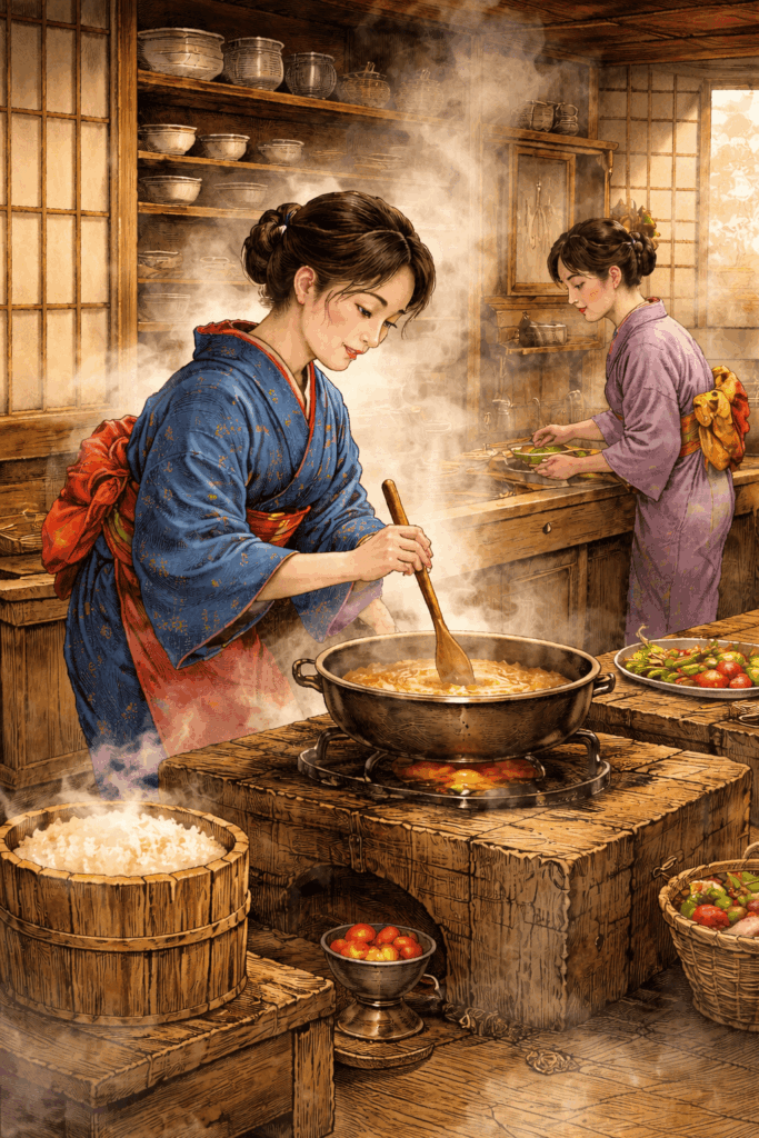 昔の日本の台所でおさんどんをする様子