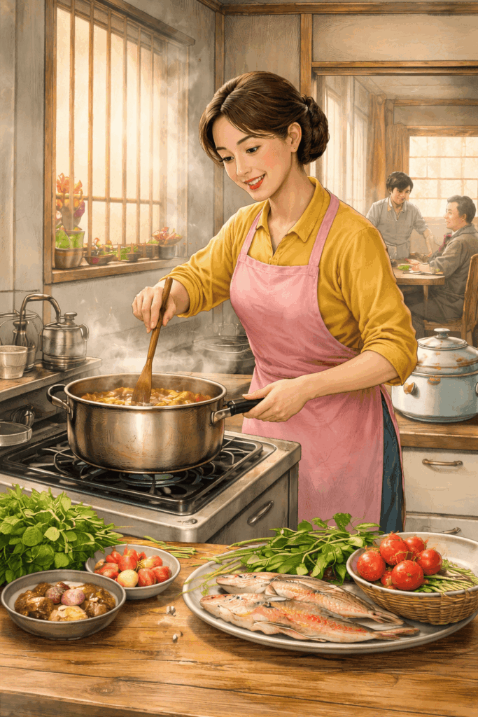 昭和時代の家庭で家事をする風景