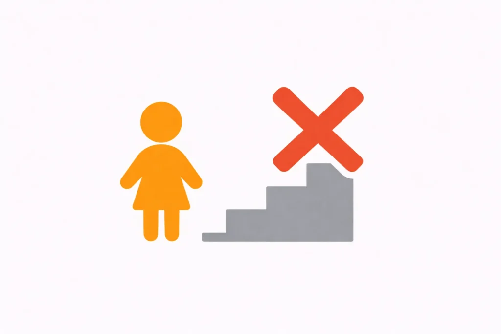 ポケパークフォレストの年齢制限や階段があることを示す注意イラスト